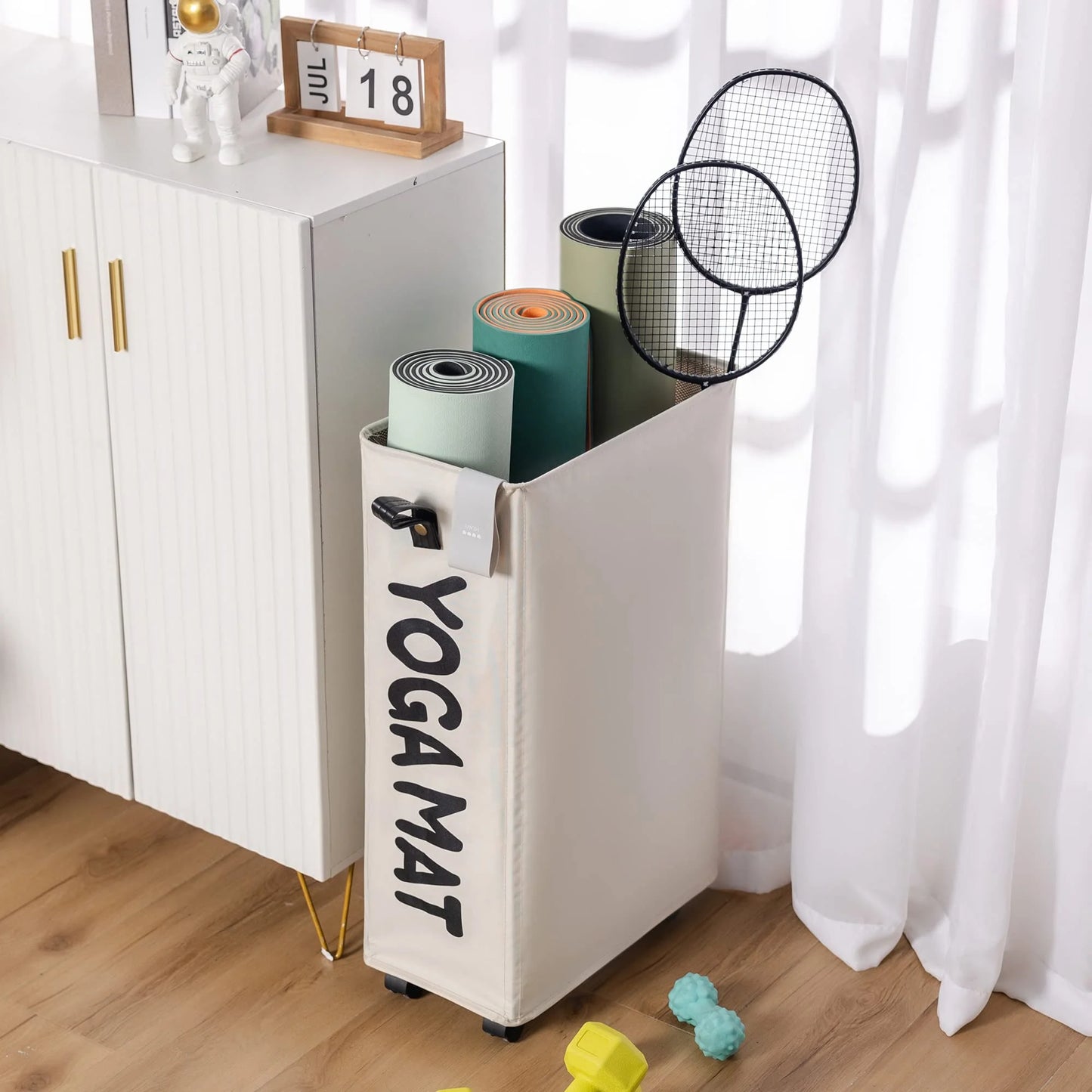 Yoga Mat Storage Rack, 27’’ Large Yoga Mat Holder Accessories, Home Gym Equipment Storage Yoga Mats, Workout Equipment Organization with Wheels, White